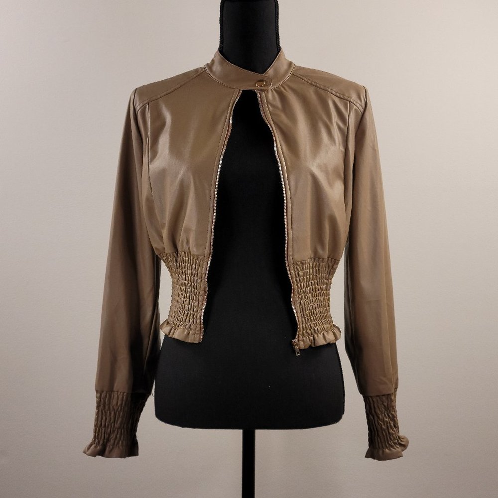 Fashion Nova Taupe Watch Out Faux Leather Jacket XS | Taupe Faux Leather Jacket
